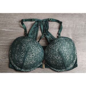 Victoria's Secret Very Sexy Push-Up Bra 32DD 70E Green Lace Racerback‎ Cage